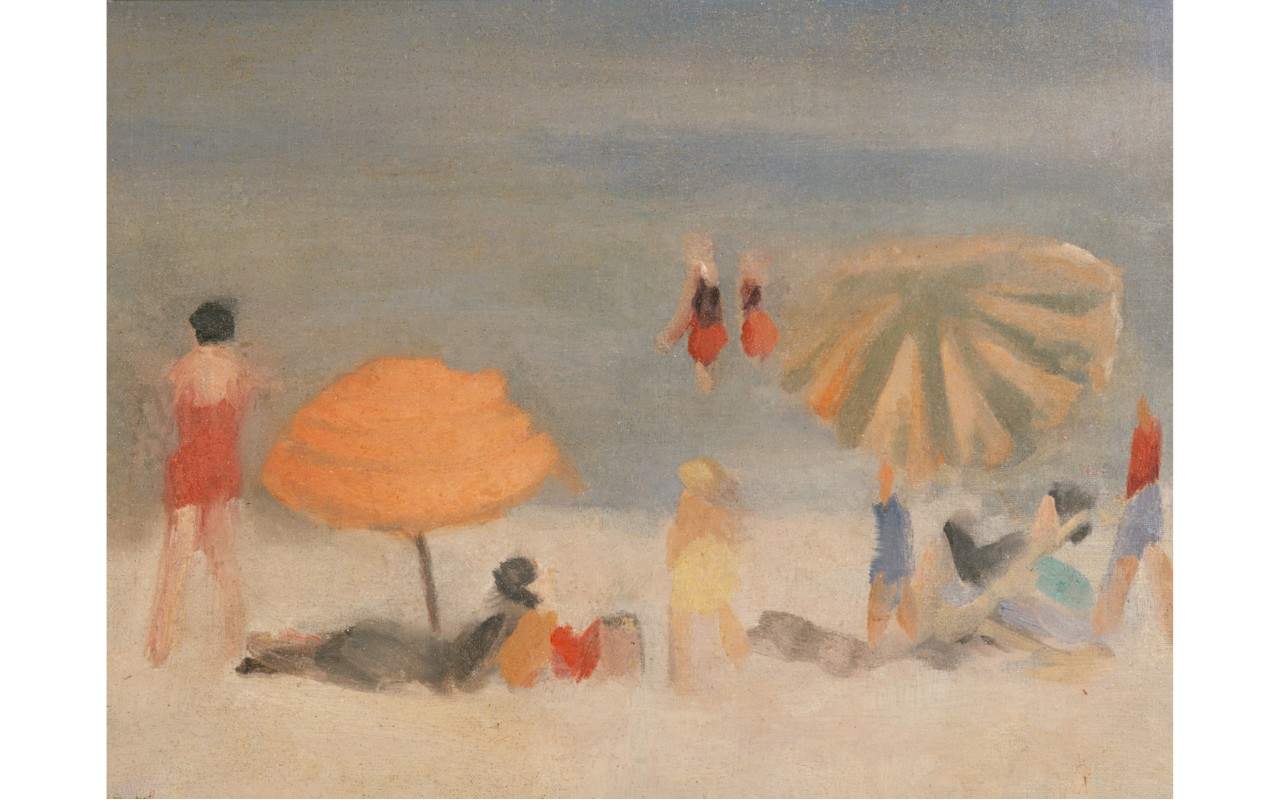 Painting of a beach scene with figures in bathing suits and parasols on the sand. Painted in an impressionist manner.