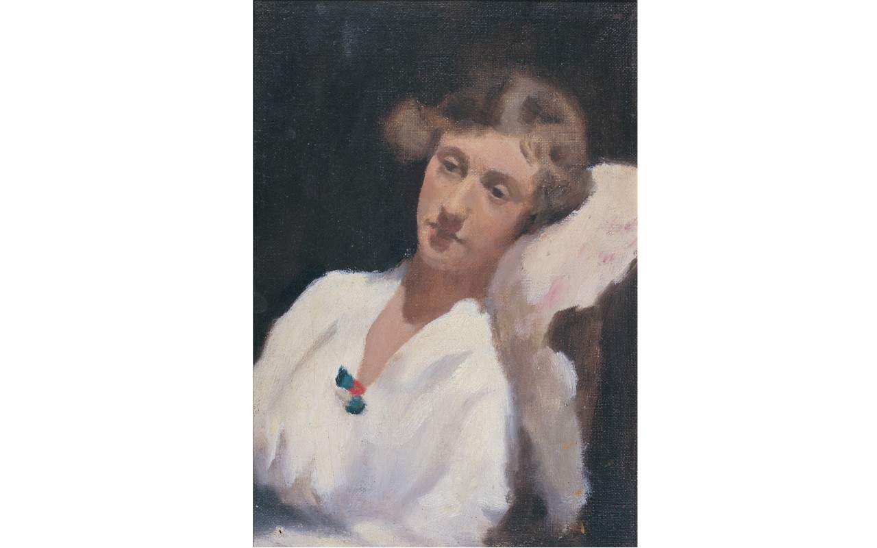 Painting of a portrait of a seated woman, her head leans back on a chair, her eyes looking downward. She wears a white shirt and has a short hair style of the 1920s.