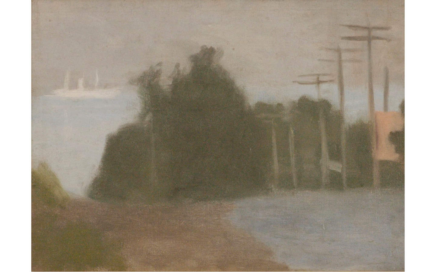 Painting of a street with the Bay in the distance. Power poles line the right of the street, trees are in the distance. In the bay a white ship can be seen