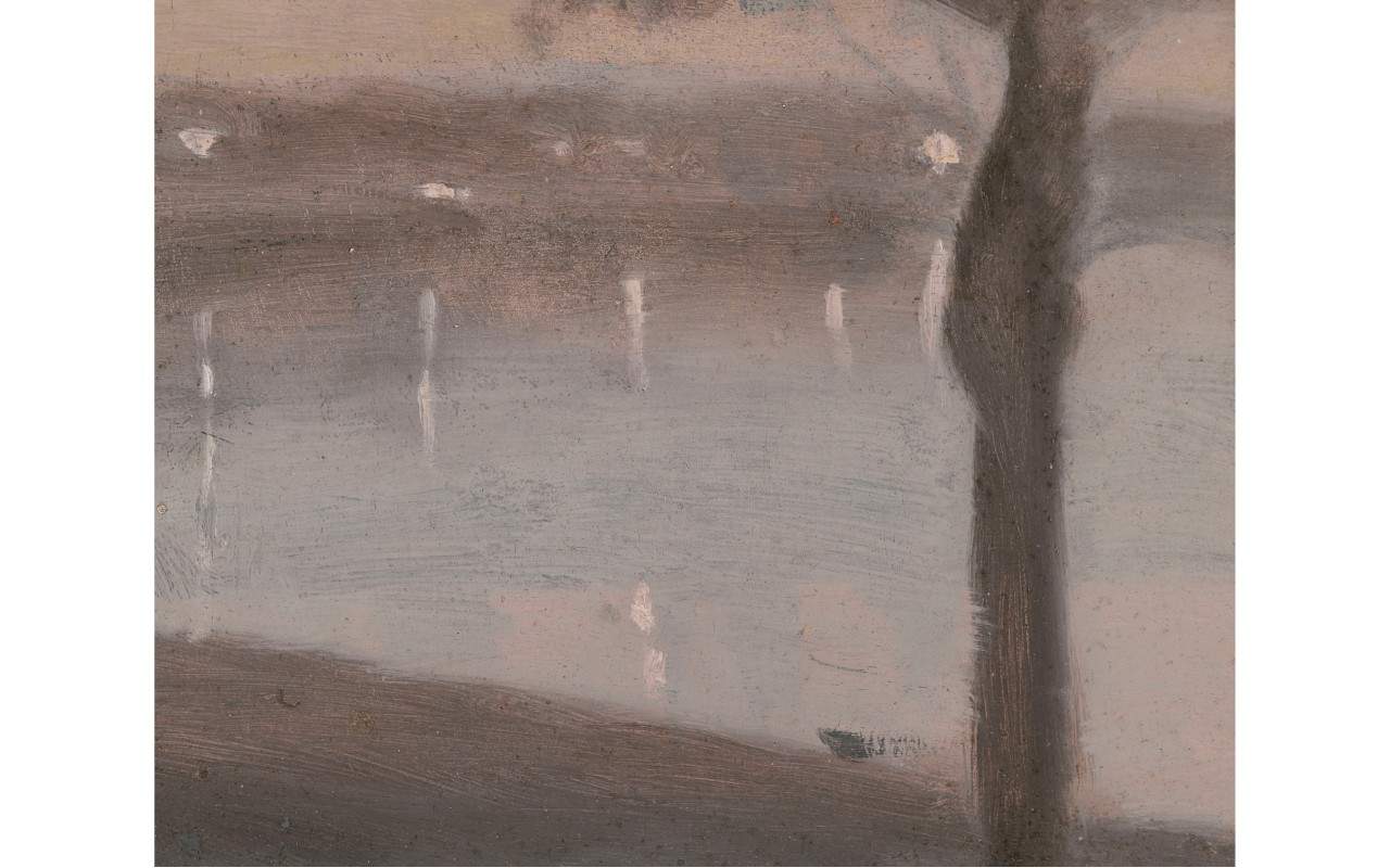 Painting of reflected lights on coastal water. A tree trucnk on the right shore in foreground, water with reflected white lights at centre. Painted in muted, hazy colours