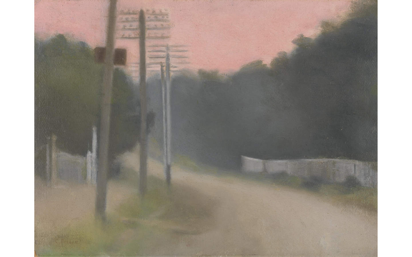 Painting of a dirt road with power poles along the left and a white fence on the right. Thick trees are on either side of the road and a pink sky is in the distance.