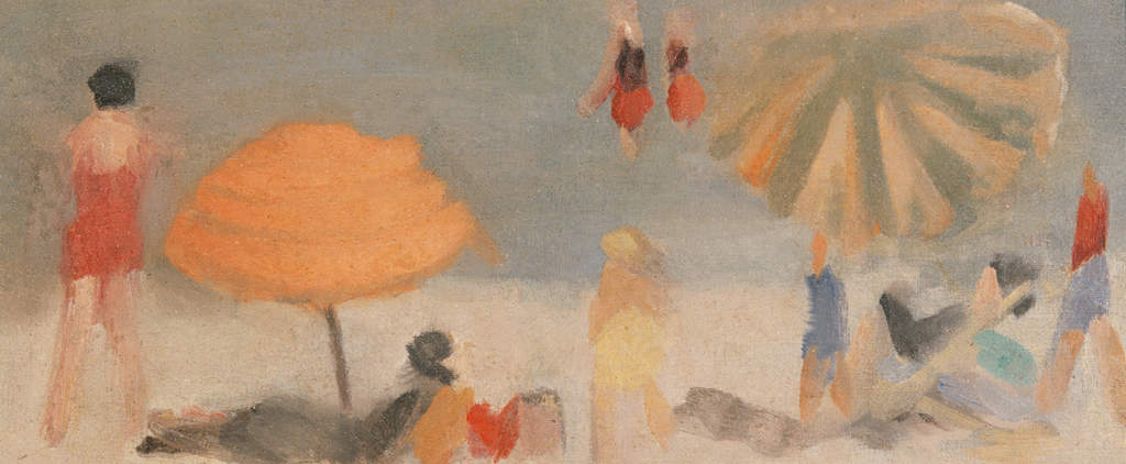 Painting of a beach scene with figures in bathing suits and parasols on the sand. Painted in an impressionist manner.