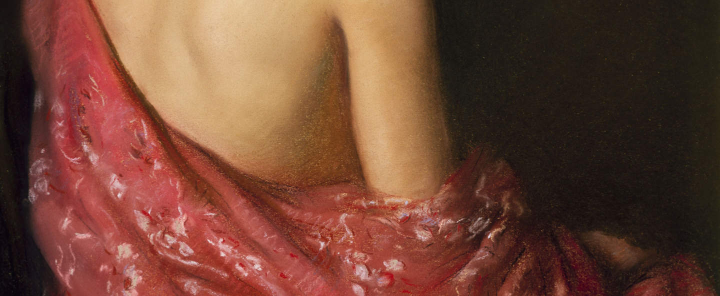 Detail of a pastel drwaing of a semi clothed female with her back to the viewer. A pink shawl drapes around her bare back.