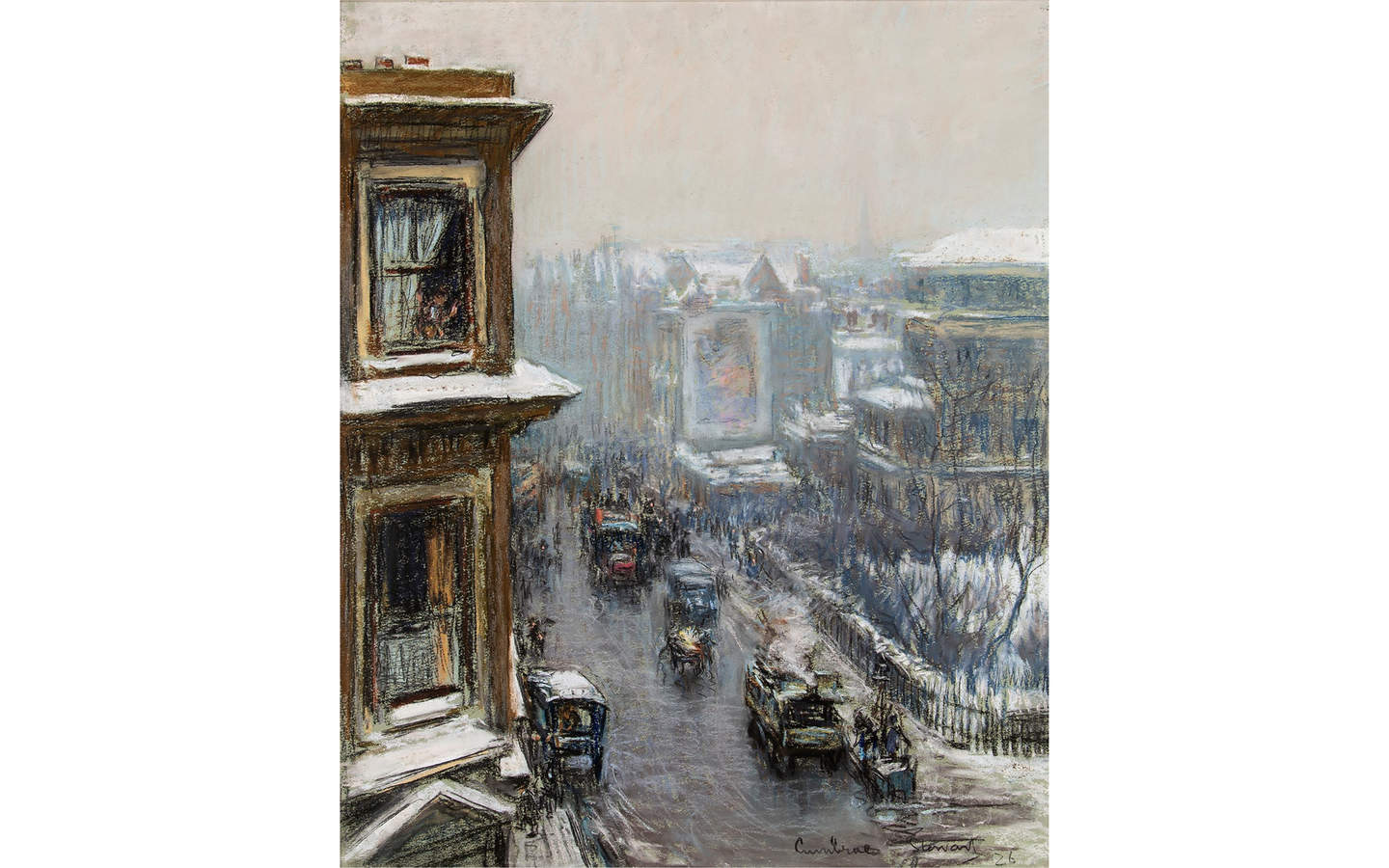 Pastel drawing of a London streetscape drawn from a high vantage point. The street is full of early 20th century cars and people on snowy day. 