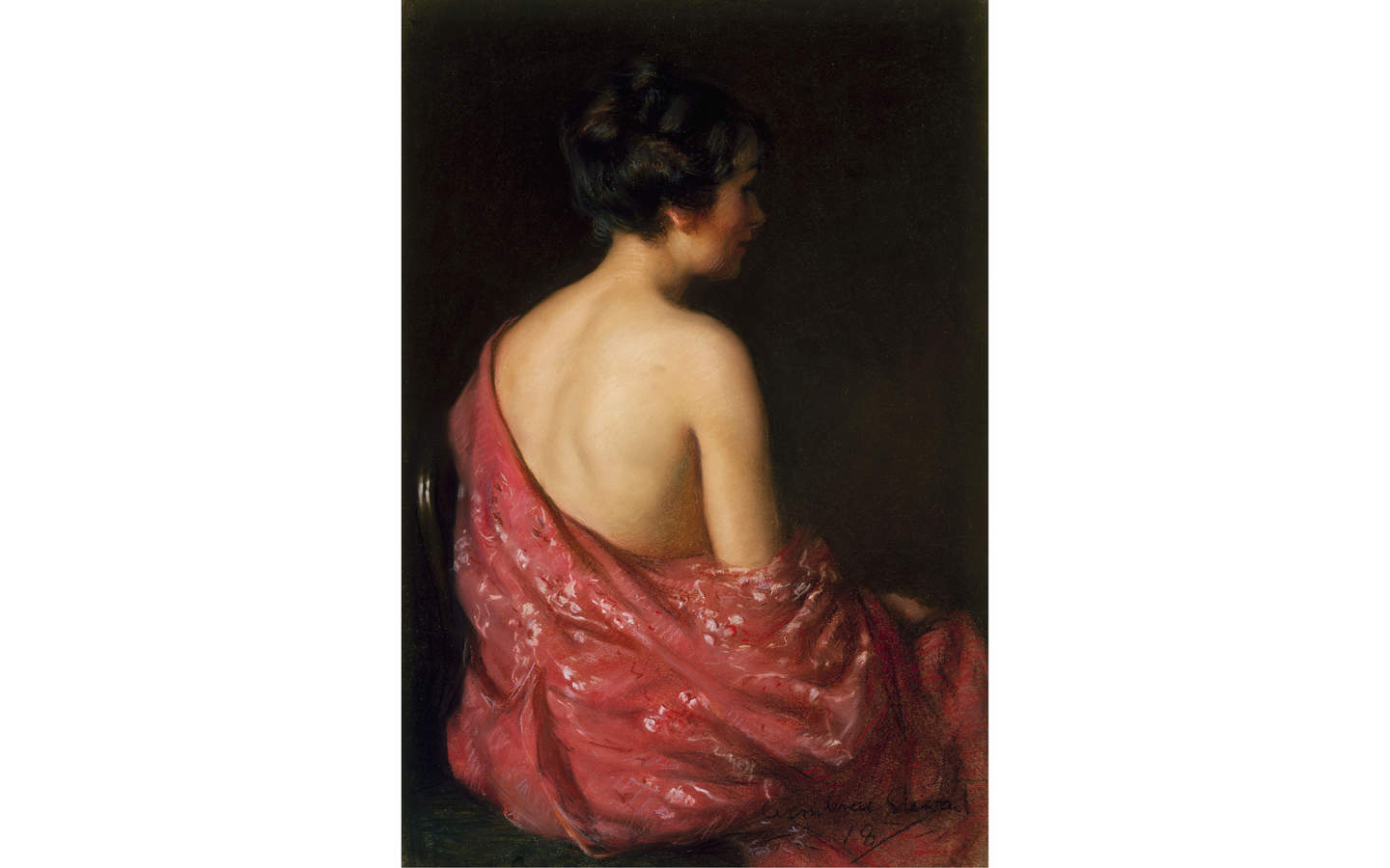 Pastel drawing of a seated woman with brunette hair pinned up. Her bare back faces the viewer and a pink floral fabric is draped over her body.