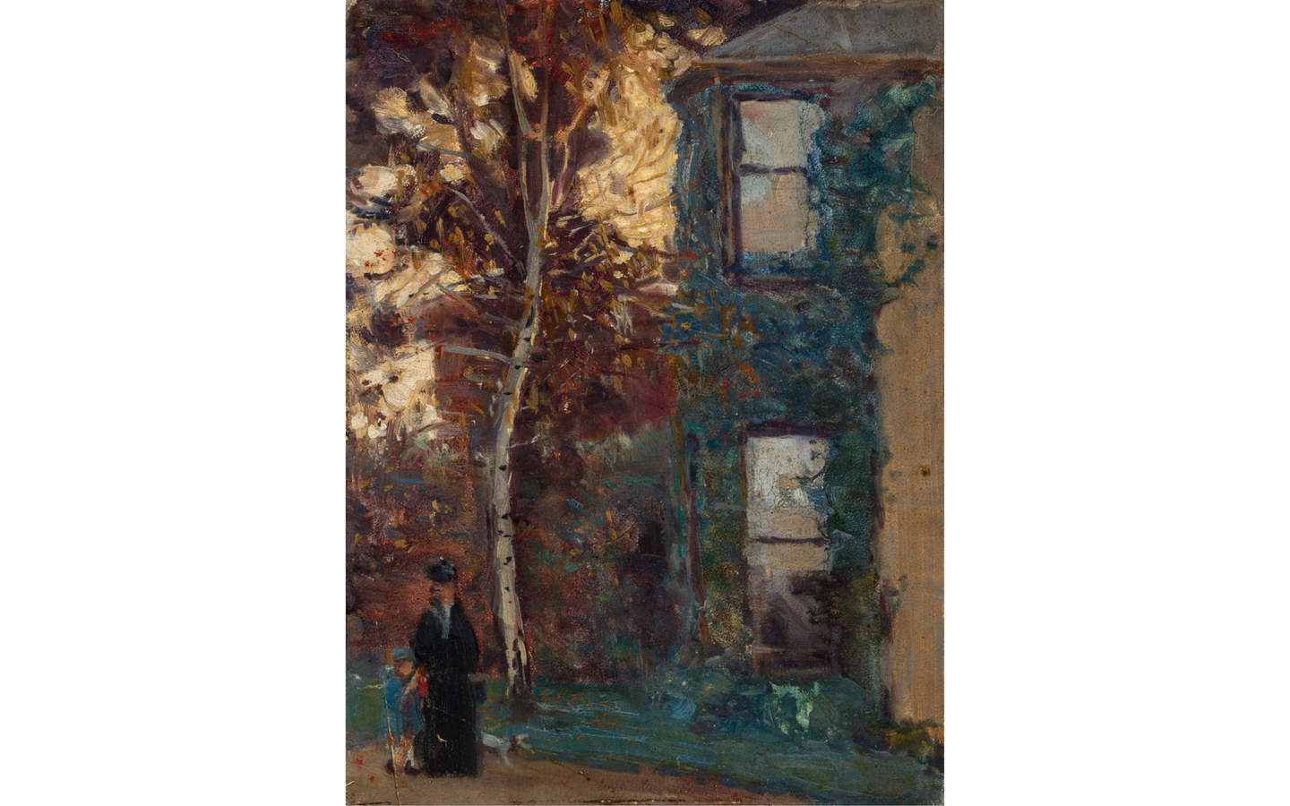 Painting of an exterior scene of a woman in a long black dress walking with a young giel in a lue dress and hat, beside them is a small dg. They are walking on a path besides a large tree and double story house which is covered in ivy.