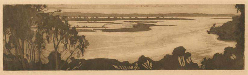 Black and white etching of a panoramic landscape scene. 