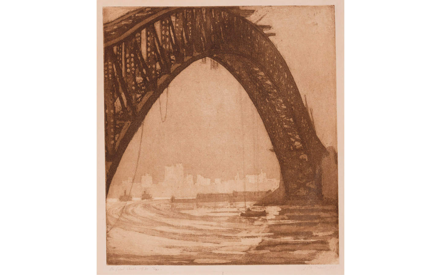Sepia toned etching of the Sydney Harbour bridge in construction.