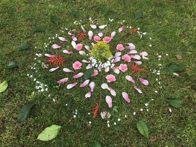 Nature mandala made from petals, sticks and leaves. 