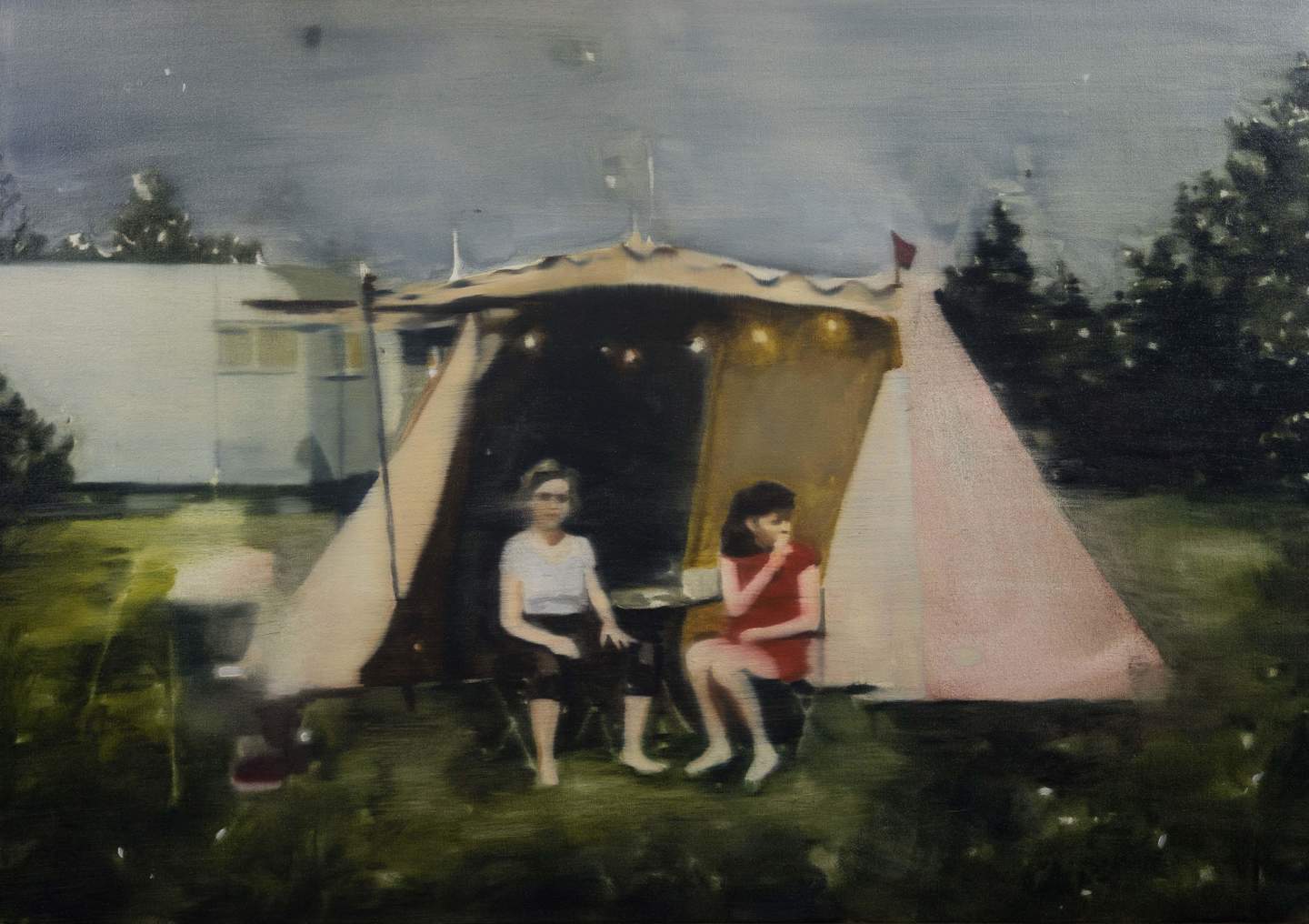 Painting of two women seated at a table at a campsite surrounded by greenery.