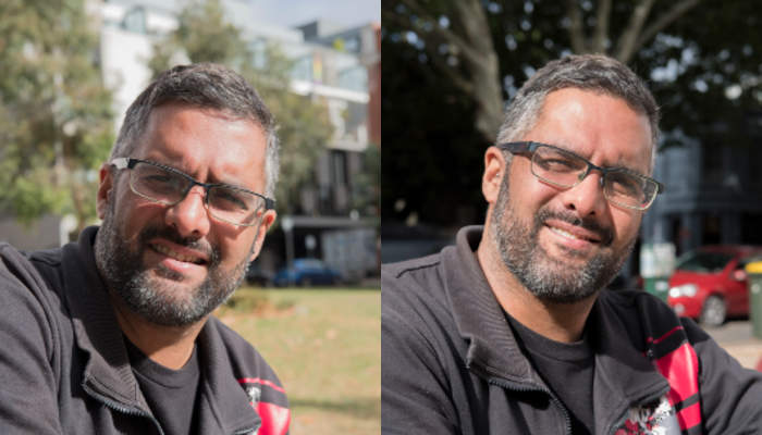 Two portraits of same man with beard and glasses wearing grey clothes