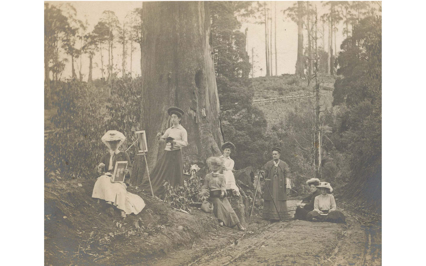 Black and white photograph of early 20th century women seated and standing along a dirt path surrounded by large trees.
