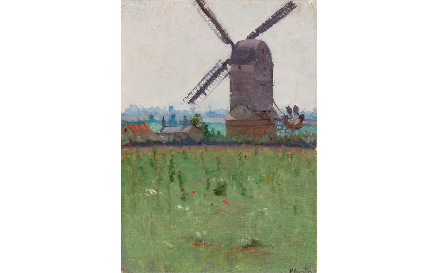 Painting of a traditional looking windmill in a landscape situated next to two farm buildings. The foreground is grass with budding flowers.