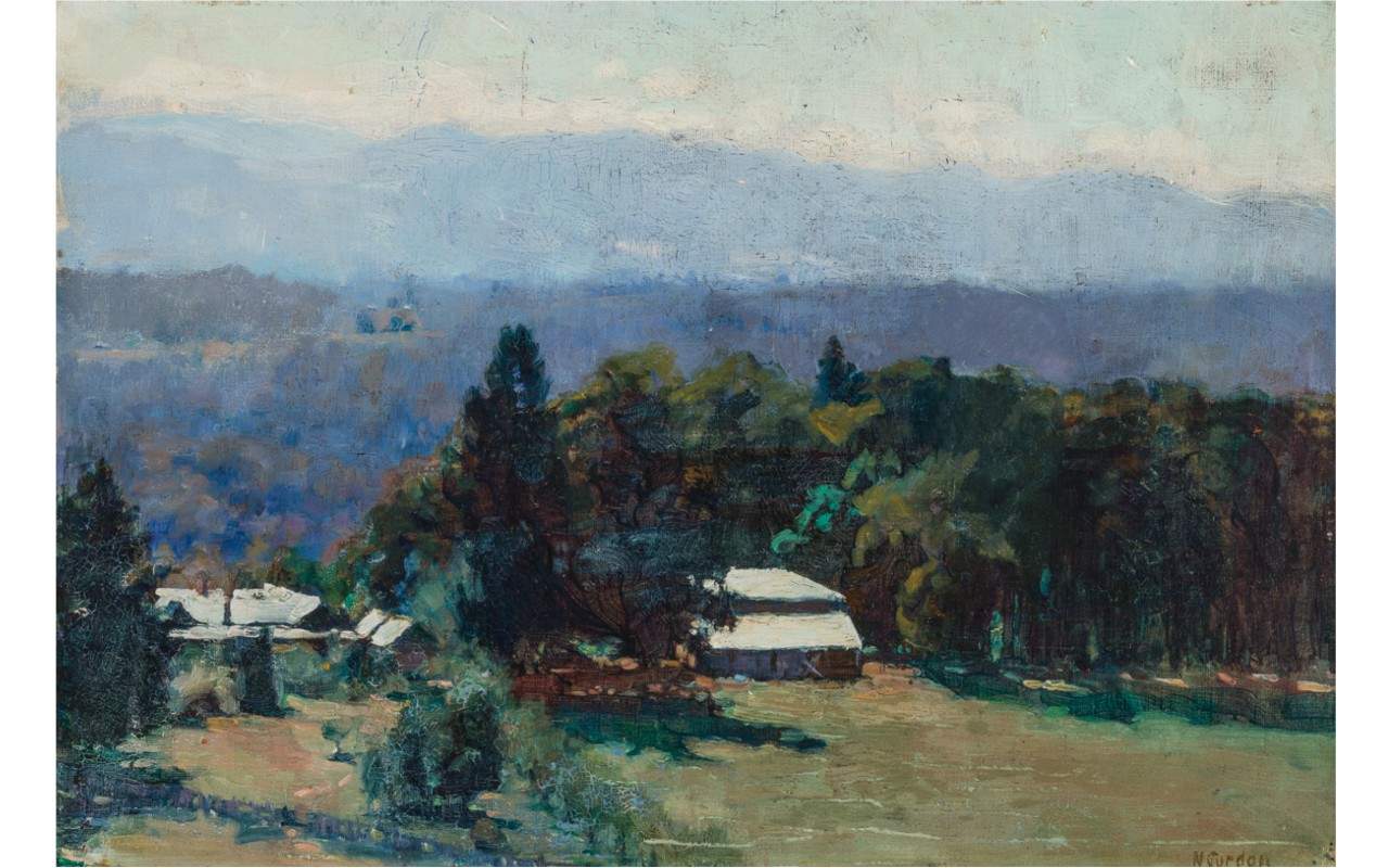 Landscape featuring two farm buildings surrounded by large trees and grass. A mountainous background in hazy blue tones is seen behind the trees.