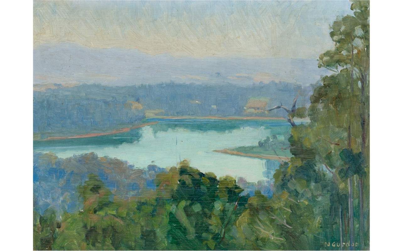 Painting of a landscape featuring a large dam surrounded by lush trees. Painted in an impressionistic manner.