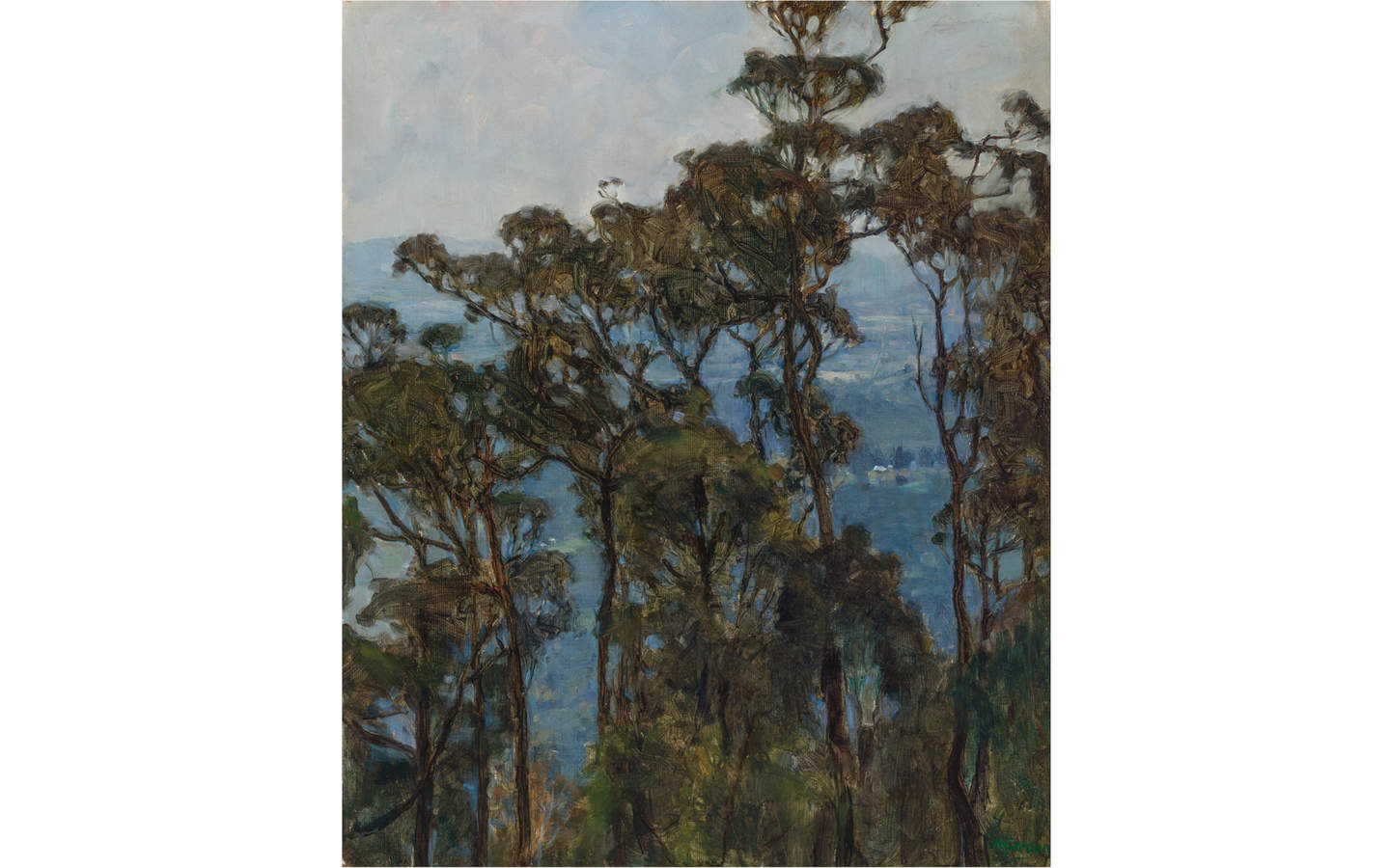 Landscape painting of large gum trees, through which views of the mountains in a blueish tone can be seen