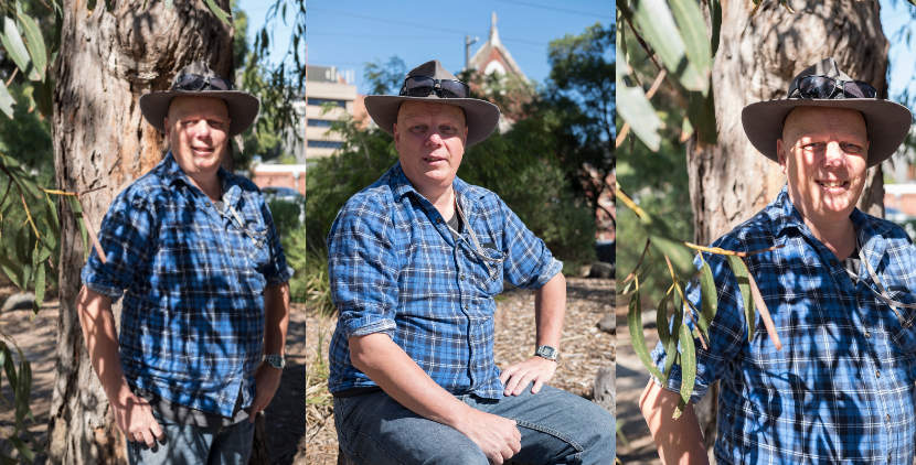 Three portraits of same man wearing a brimmed hat and blue check shirt