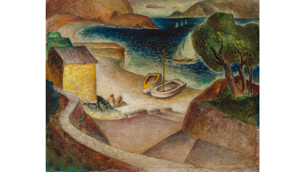 Painting of a shoreline with a tall, green tree to the right, two people sit behind two small boats on the sand, yachts are in the water.
