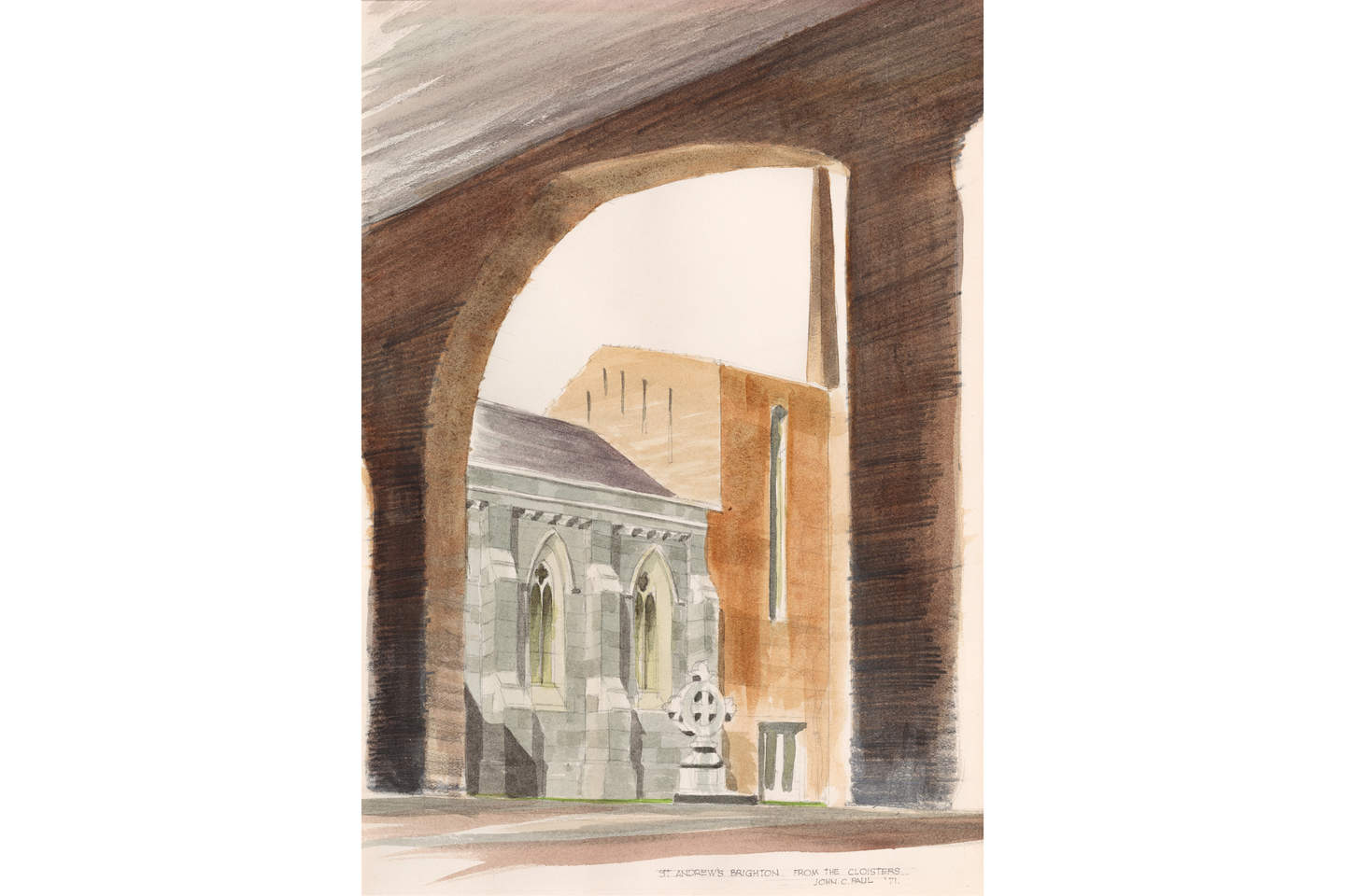 Watercolour of a brick church exterior taken from a low vantage point of an arched cloister.