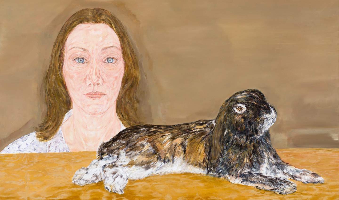 A painting of a head and shoulder female portrait. In front, a rabbit is lying on a table draped with a golden tablecloth.  