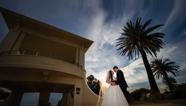 Recently married couple embracing in front of rotunda and palm tree.
