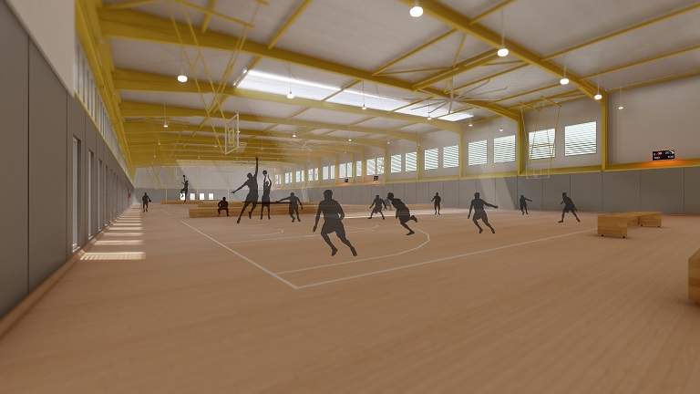Artist's impression of a basketball court with players