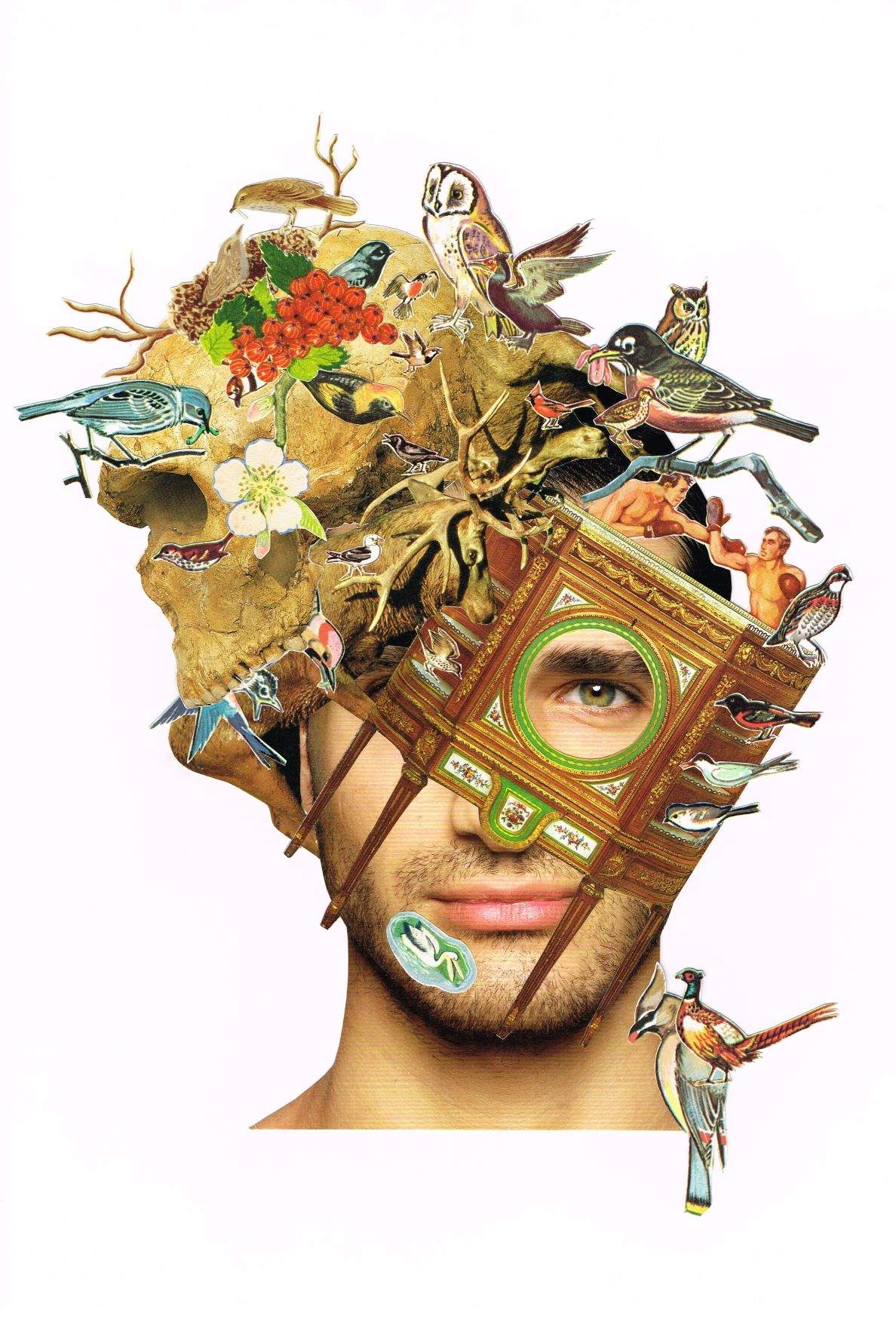 A collage of an eclectic mix of flowers, birds, humans surrounding a man's face