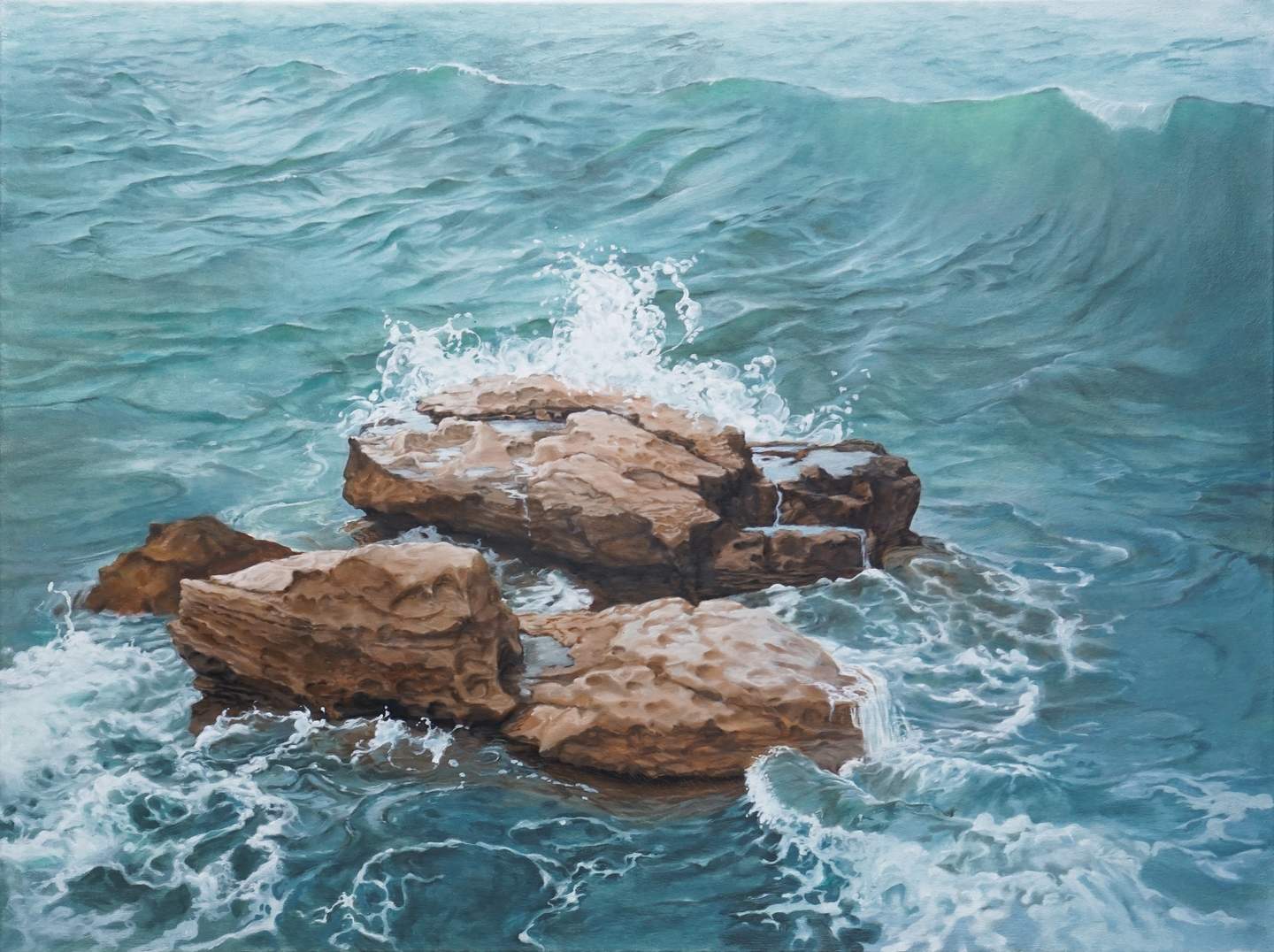 painting of brown rocks in rough waters
