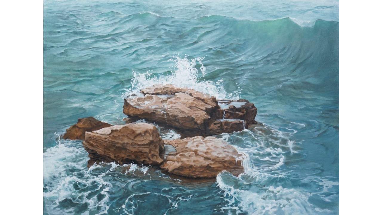 A detailed painting of large rocks in the sea. 