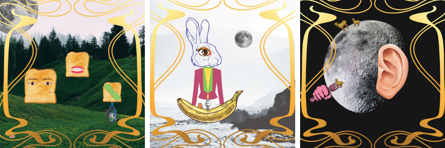three art images one with toast with faces, another of a rabbit with a banana with a fork and the moon with an ear
