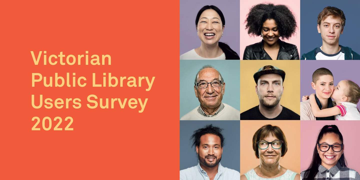 Library survey banner with nine bright community members faces laughing