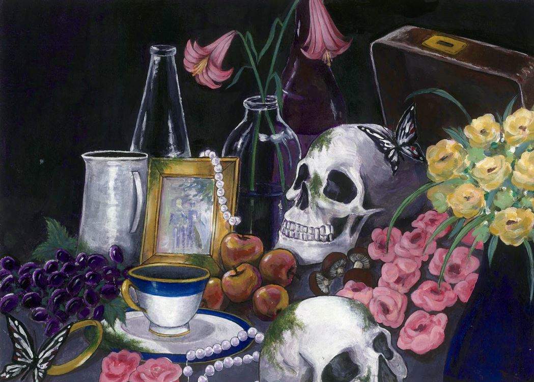 Painting of skulls flowers vases, and teacups in the style of Dutch Vanitas