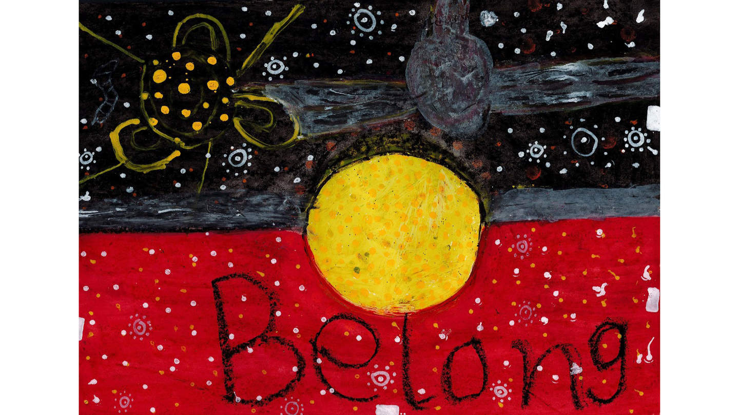 Painting of the Aboriginal flag with the word Belong