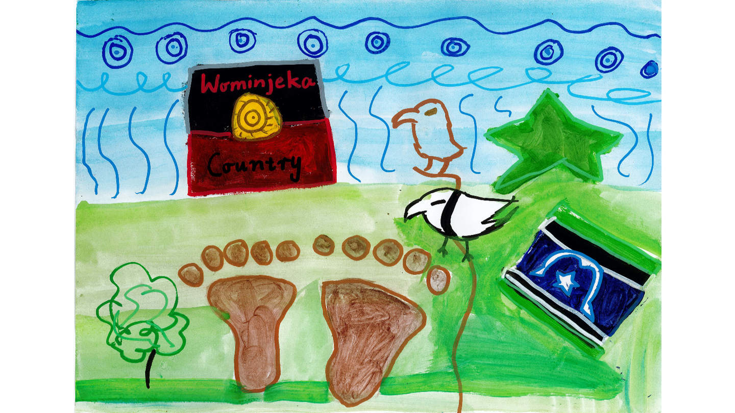 Drawing of footprints on a hill with birds and the Aboriginal and Ukrainian flags