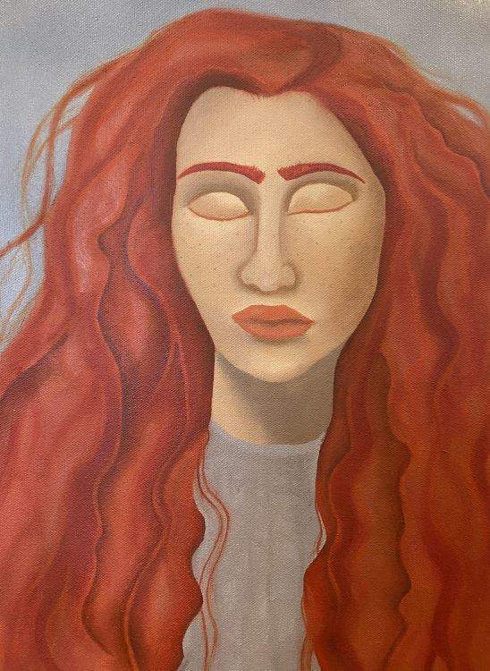 Painting of a woman with long orange wavy hair with her eyes closed - art exhibition