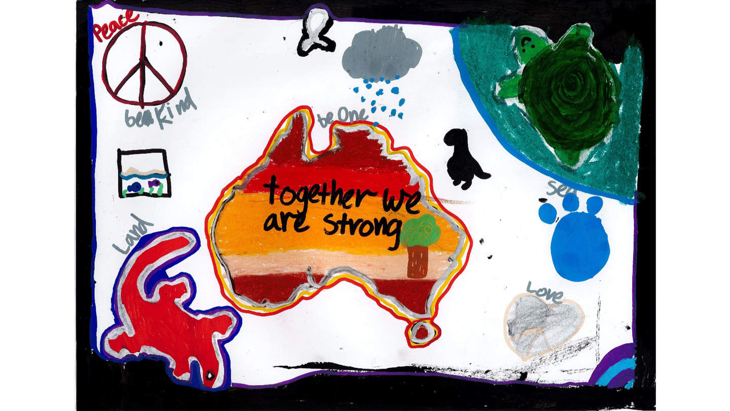 Painting of Australia with the words together we are strong