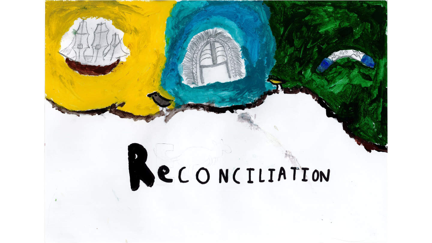Yellow, blue, green areas of paint with drawings inside and the word reconciliation below