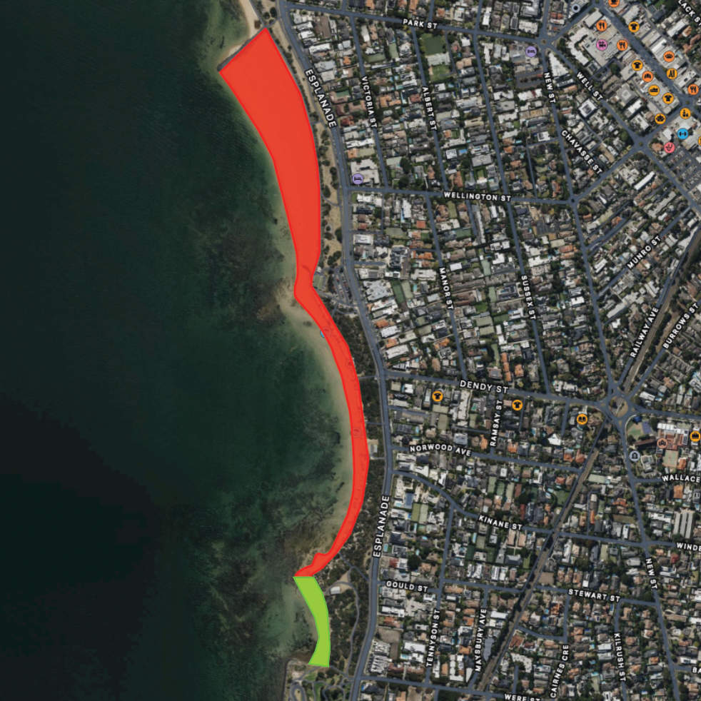 Map of beach closure at Dendy Street Beach