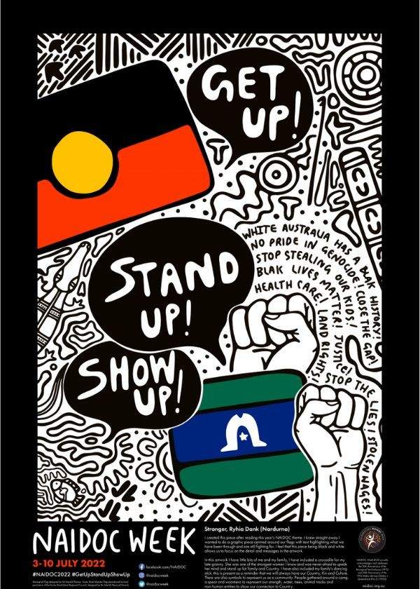 NAIDOC Week poster with Aboriginal and Torres Strait Islander flags and black and white flags