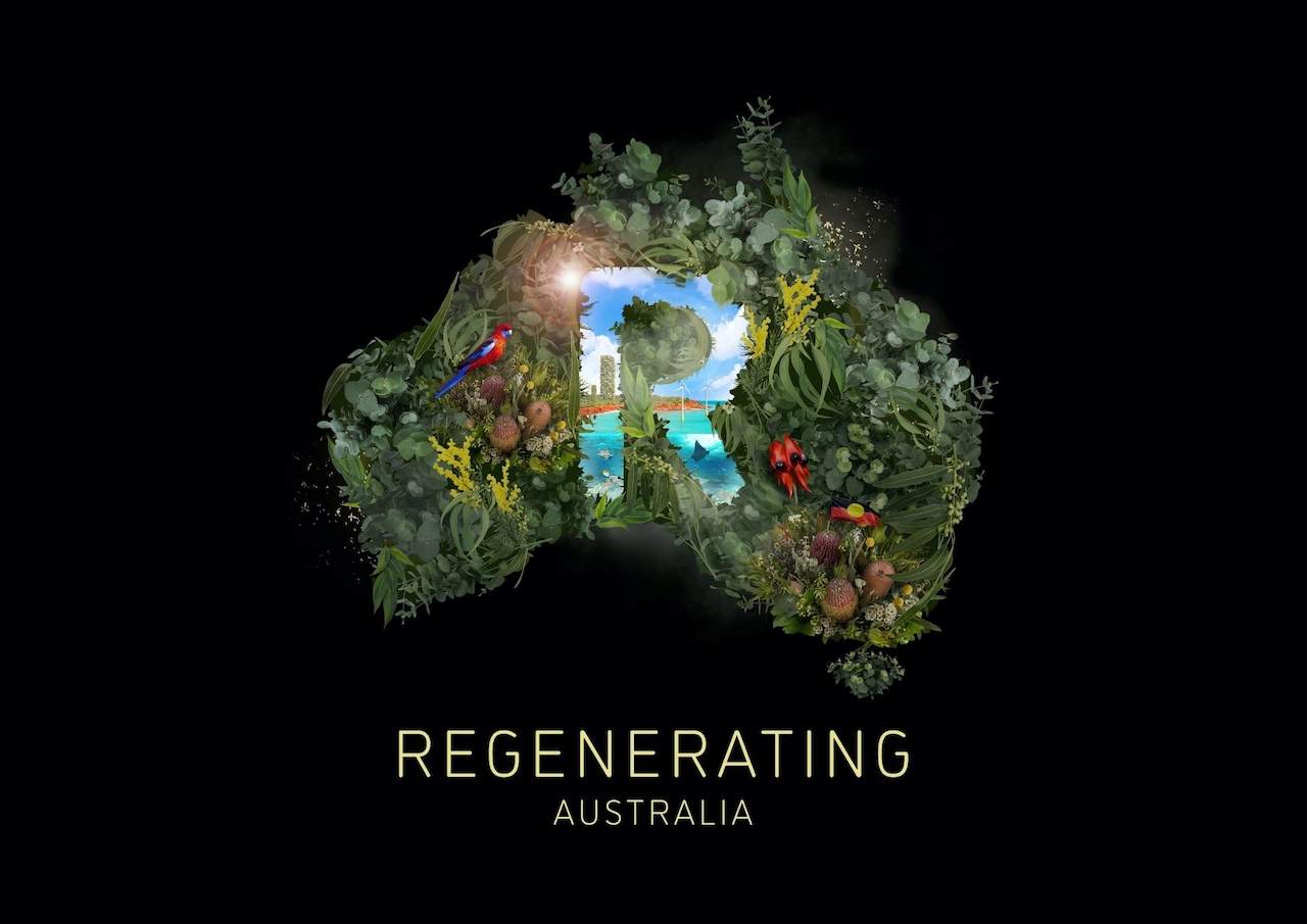 Regenerating Australia movie promo image featuring Australia covered in lush green foliage 