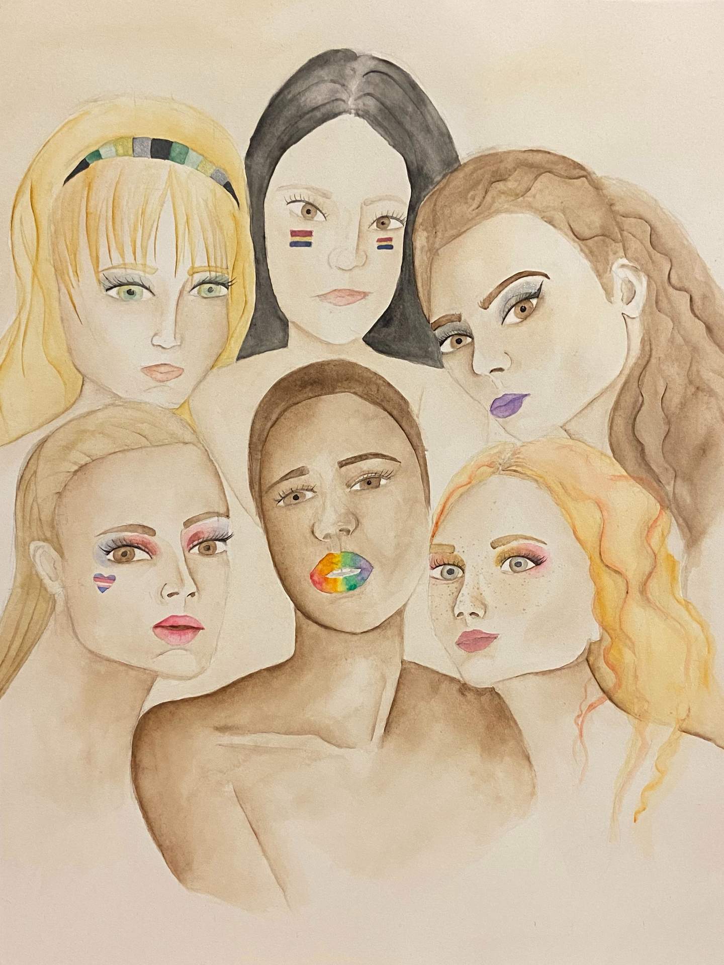 Pencil drawing of 6 women