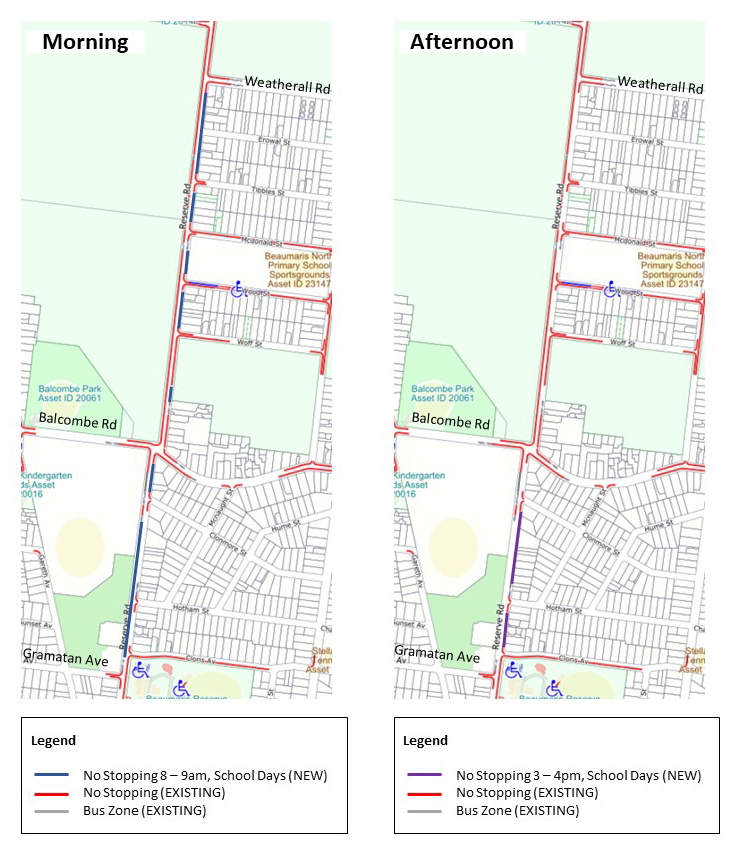 Maps showing new no stopping restrictions along Reserve Road