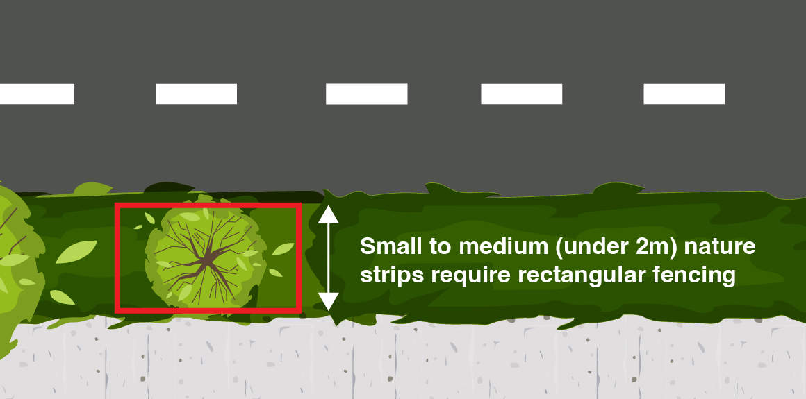 Tree protection graphic illustrating how a fence barrier can be positioned around a tree on a small nature strip