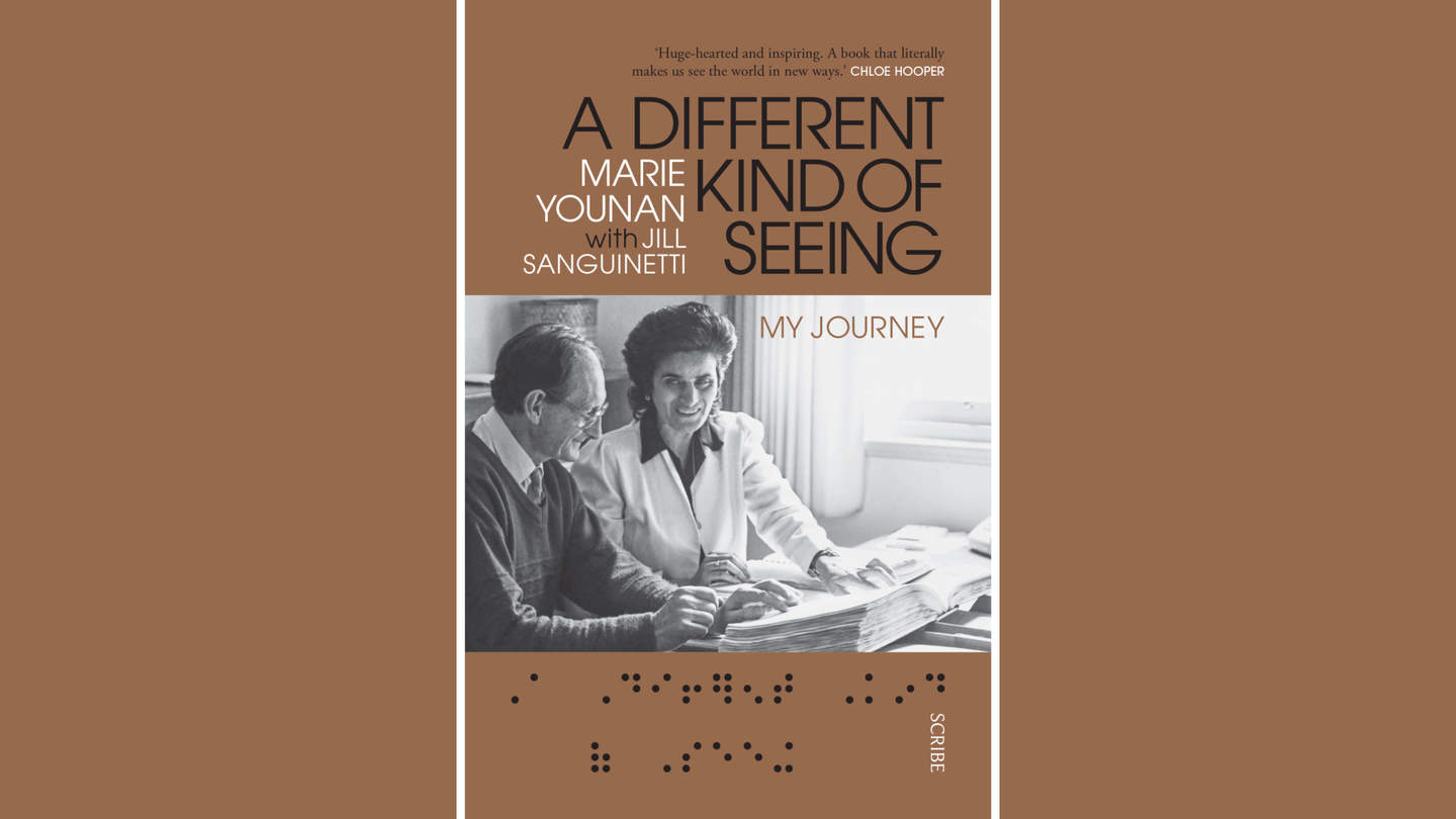 Book cover of A Different Kind of Seeing by Marie Younan with Jill Sanguinetti, featuring a black and white photo of a young woman sitting looking at a book with an older man.