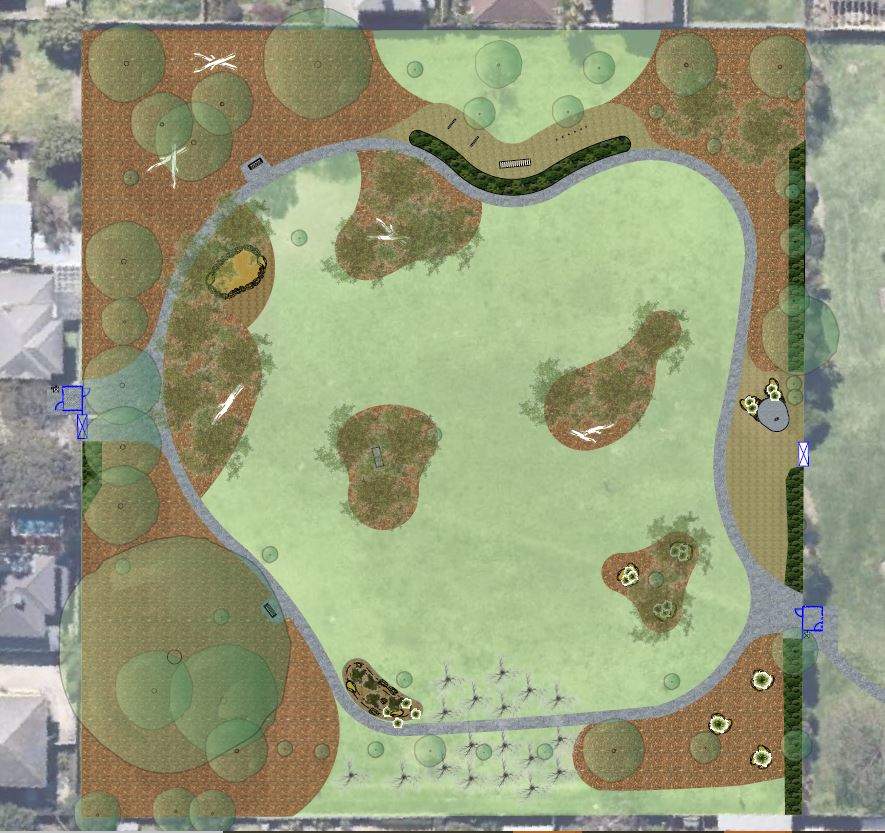 Artistic plan of the layout for the Wishart Reserve dog park upgrade, showing areas of new vegetation and a circular path