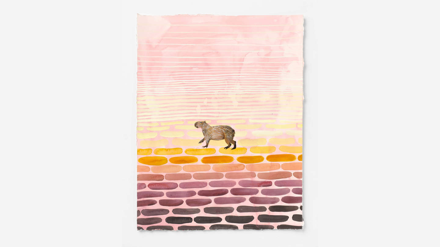 Gouache and ink on cotton rag featuring a Capybara walking. The artwork is toned from dark to light pink.
