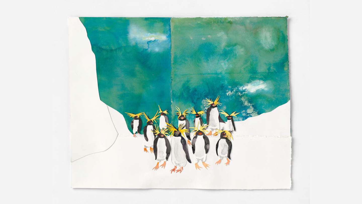 Gouache and ink on cotton rag featuring eleven penguins on snow with a green background.