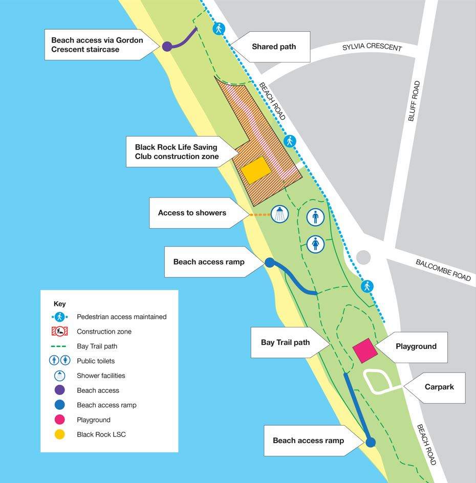 Illustrated map showing the beach access and construction zone at Black Rock beach