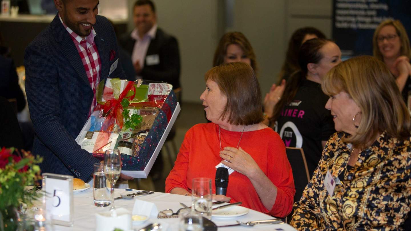 Women receiving gift and business lunch