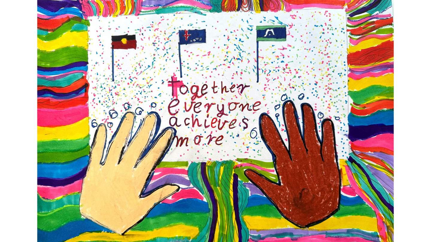 colourful artwork with hands on paper that says Together Everyone Achieves More